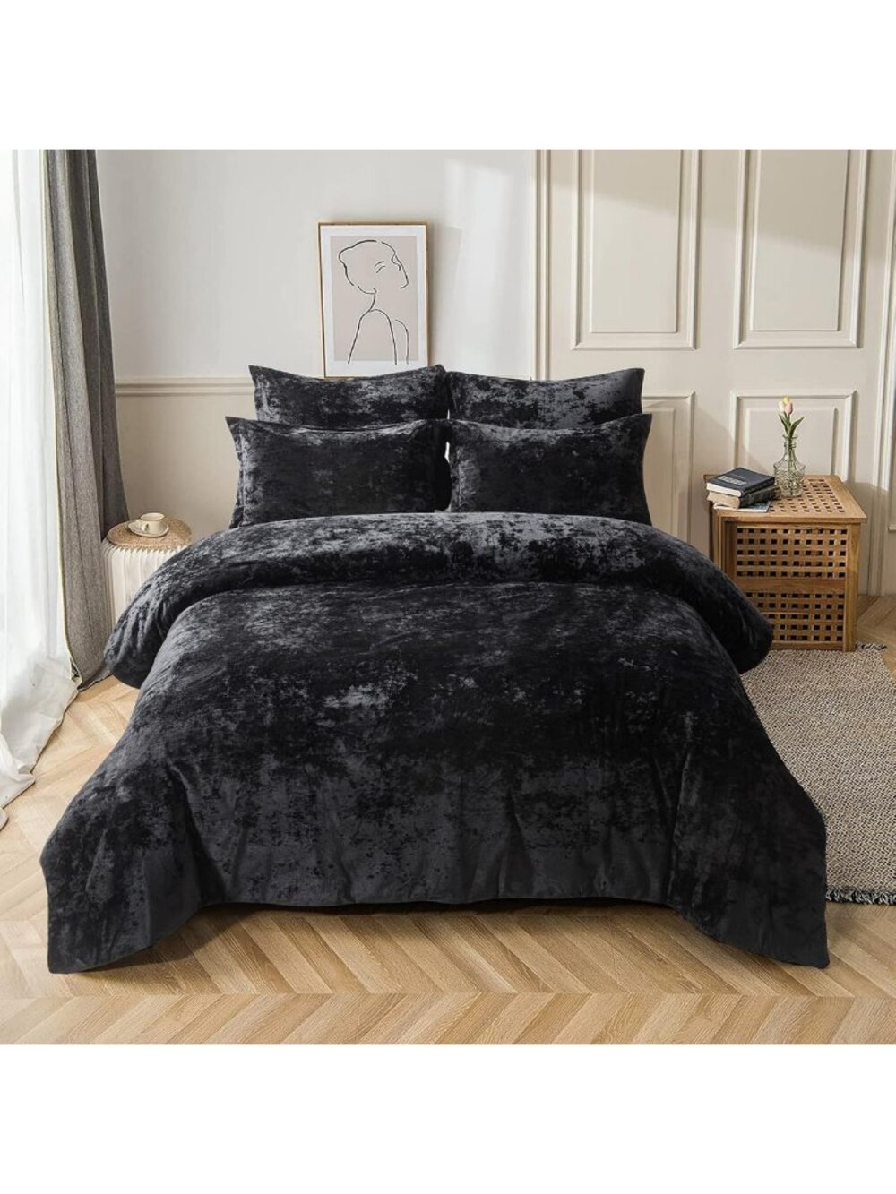 Luxurious Distressed Velvet Comforter Set, 5-Piece Black Queen Bedding Ensemble